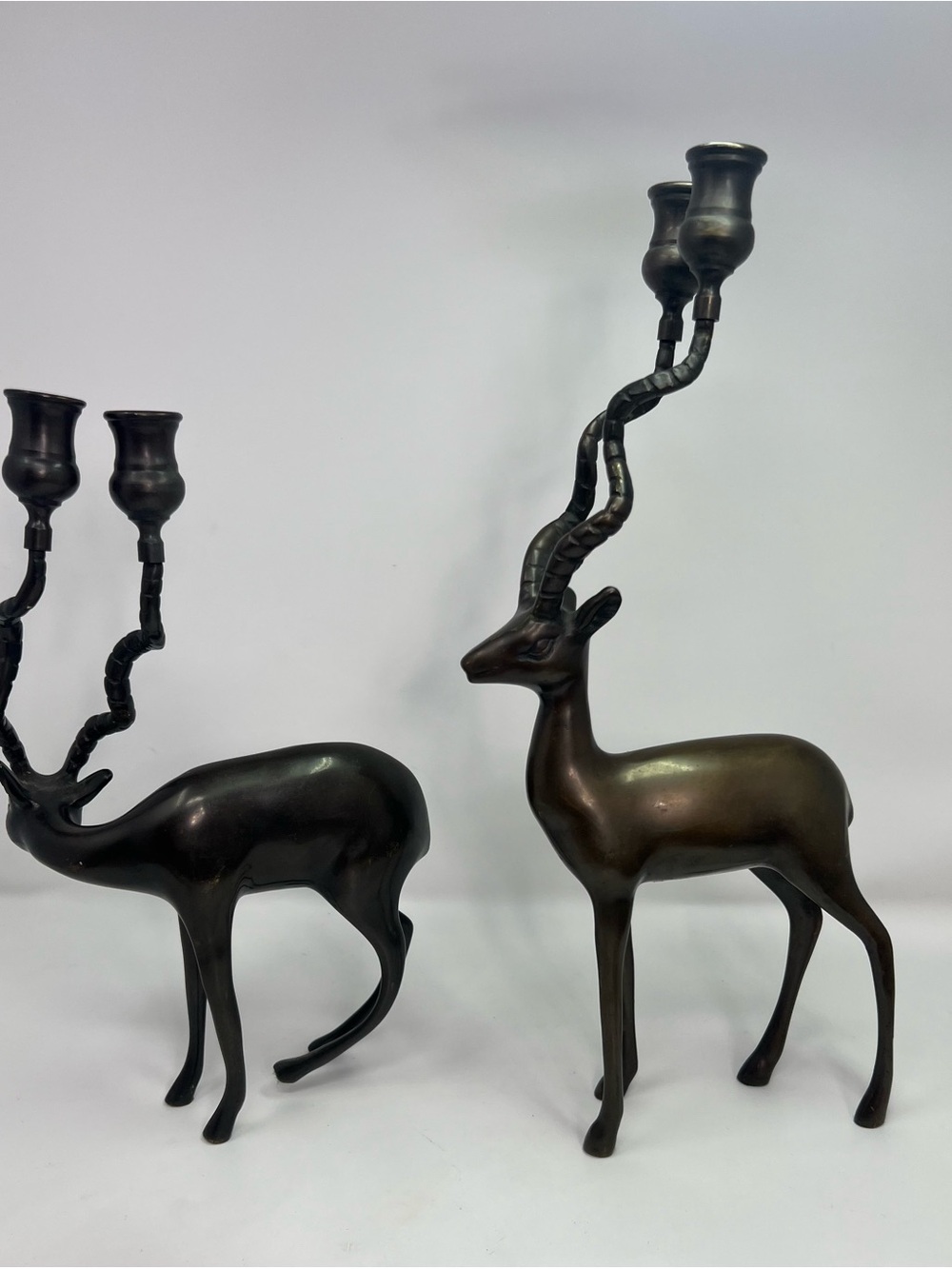 Vintage MCM Brutalist Antelope Gazelle Candle Holders Pair12”& 14.5” Dark Patina